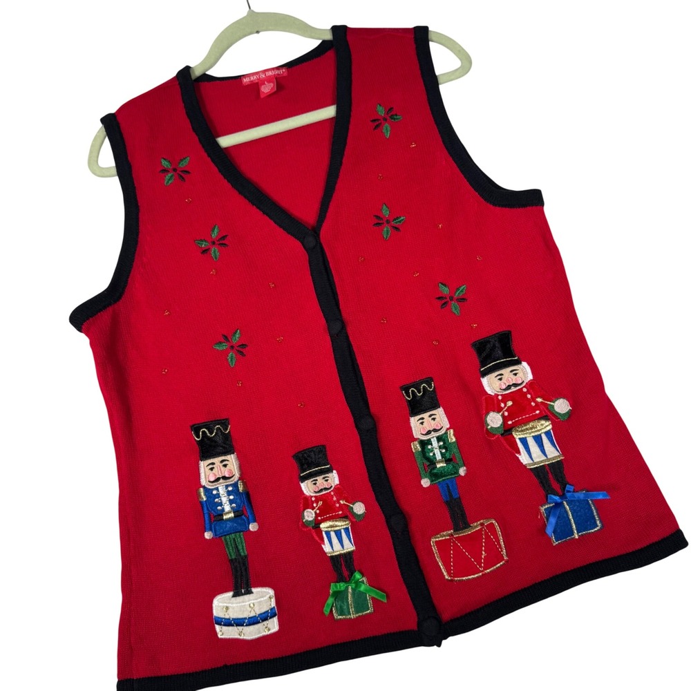 Merry & Bright Nutcracker Sweater Vest Women L Red Christmas Beaded Kitschy Vtg